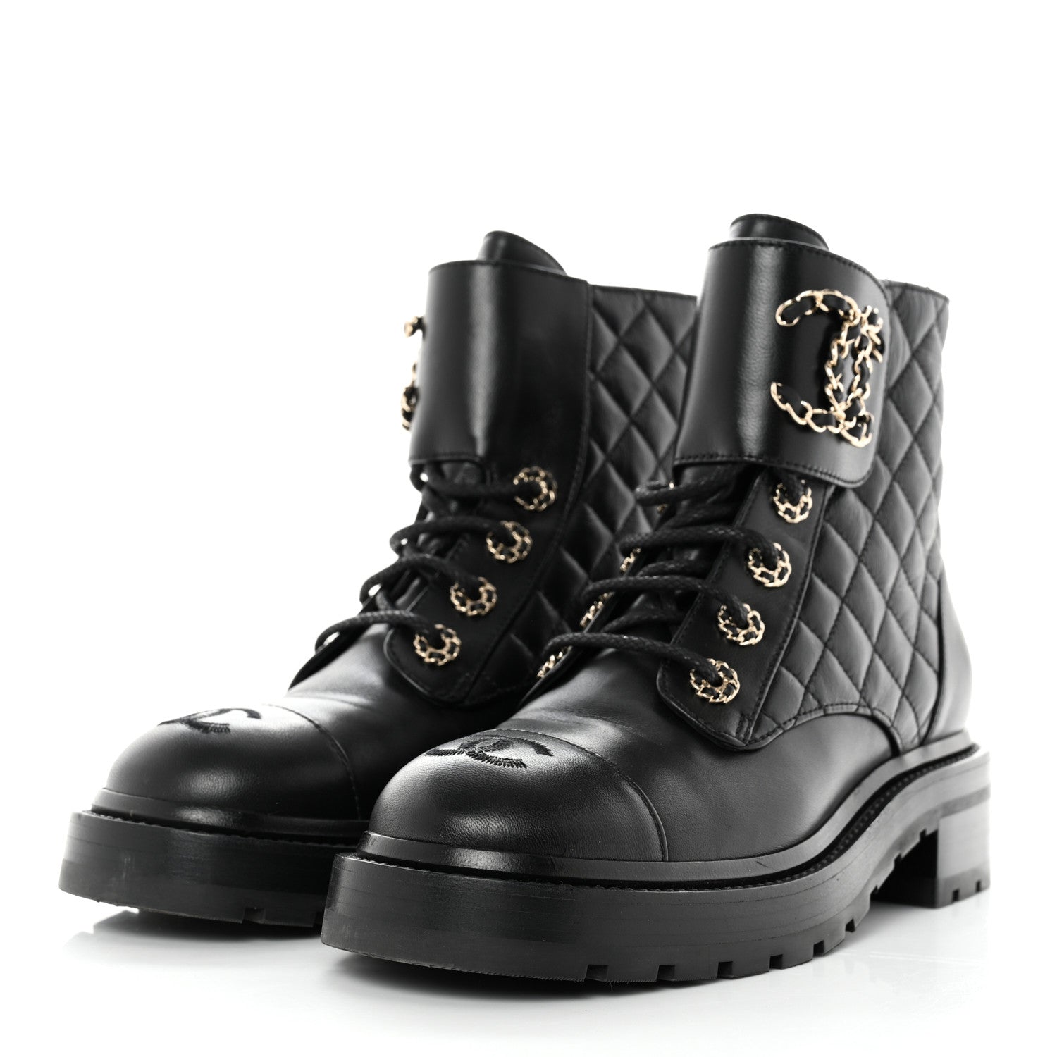Chanel Shiny Calfskin Quilted Lace Up Combat Boots 36.5 Black 3 of 9
