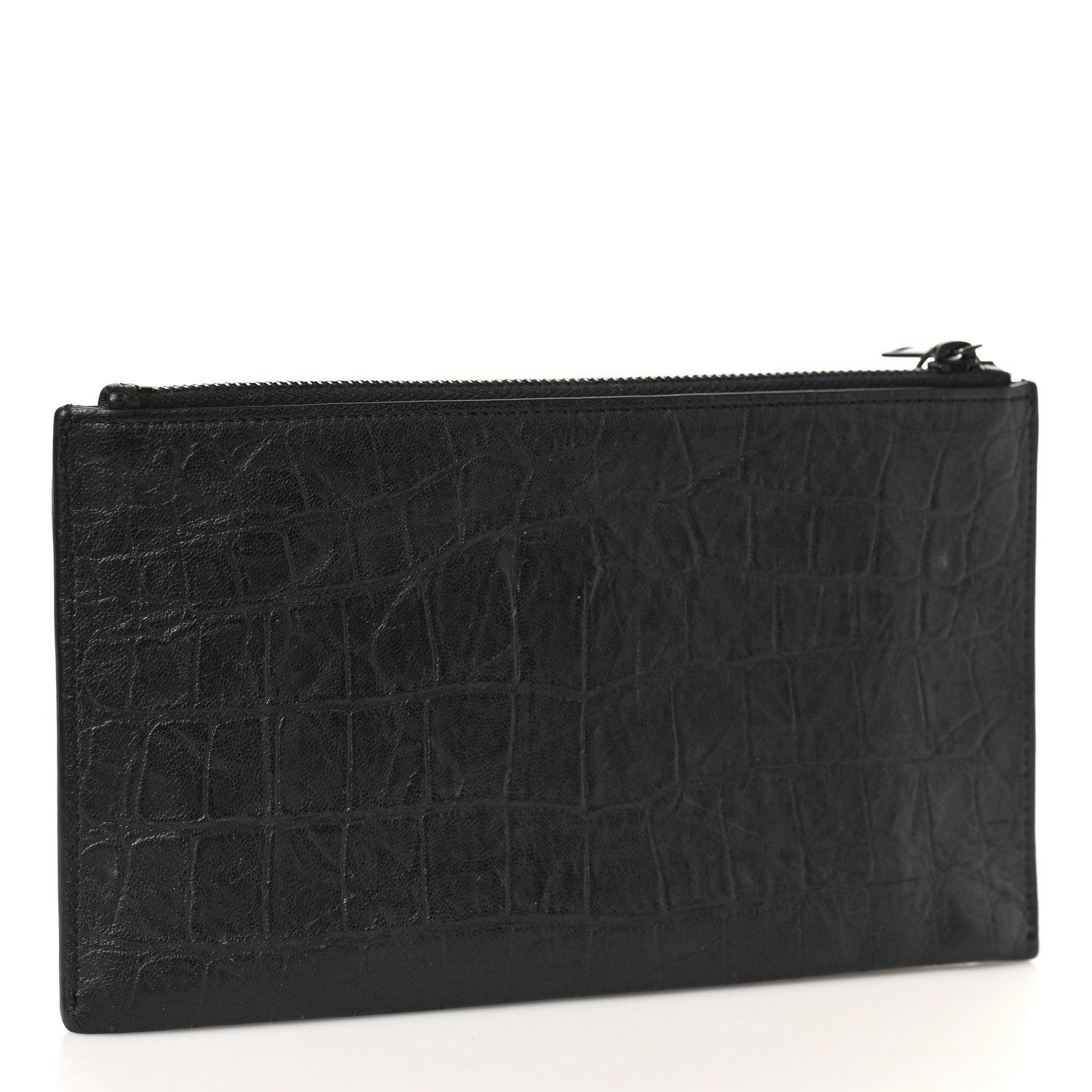 Saint Laurent Calfskin Crocodile Embossed Monogram Zip Bill Pouch Black 3 of 9