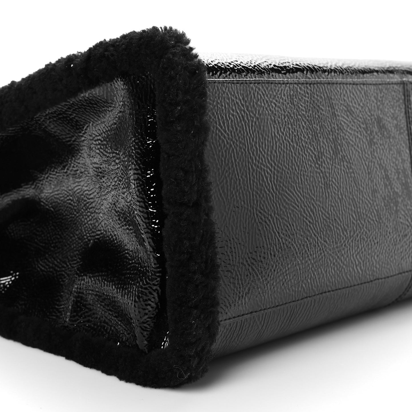 X UGG Crinkle Patent Shearling Large Shopping Bag Black