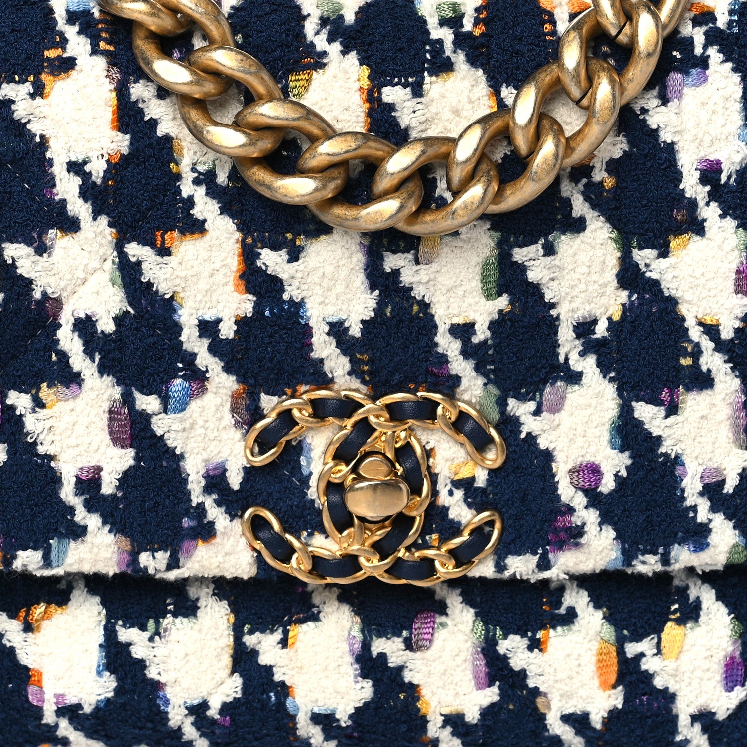 Chanel Tweed Quilted Medium Chanel 19 Flap Ecru Navy Blue Multicolor 8 of 10