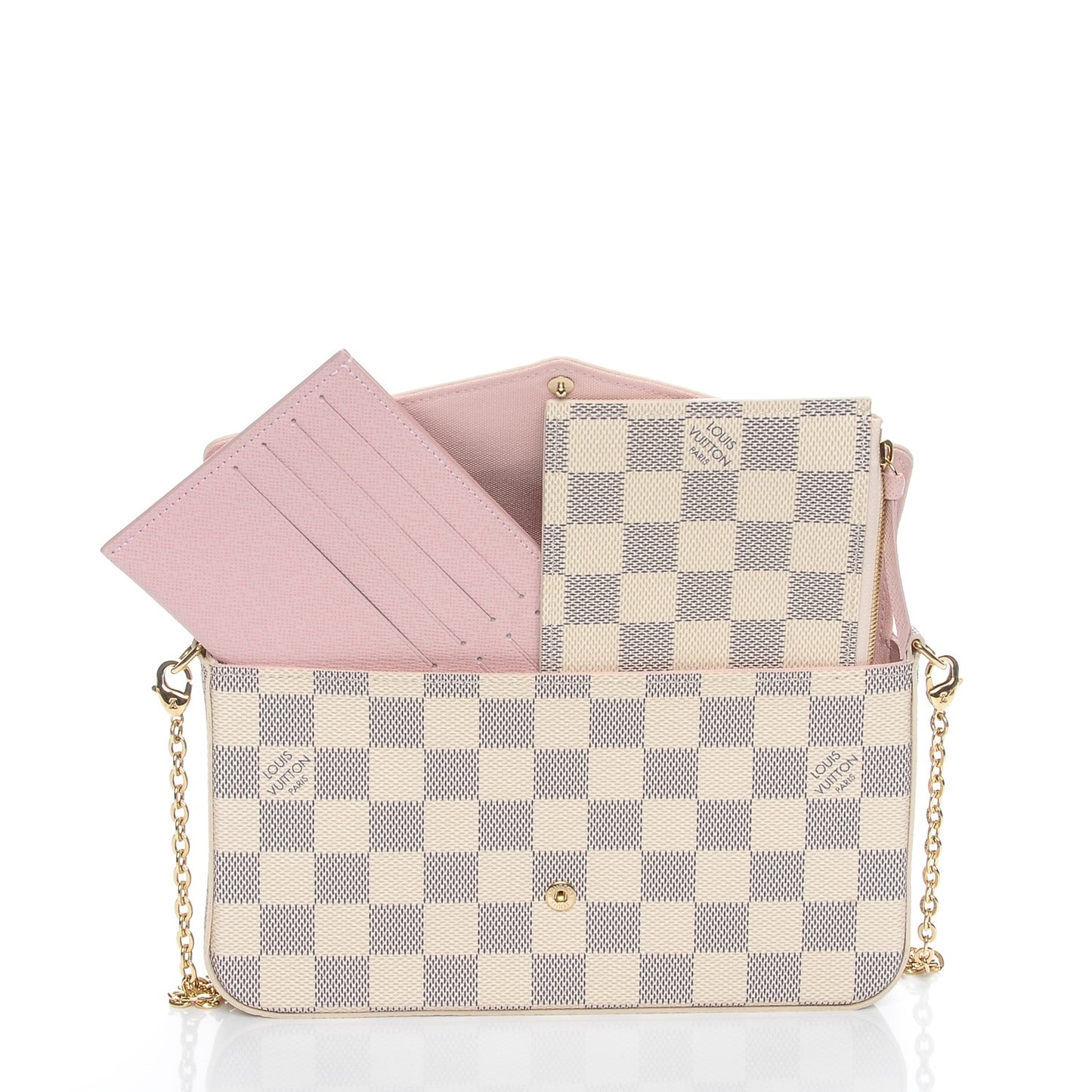 Damier Azur Pochette Felicie Chain Wallet Rose Ballerine