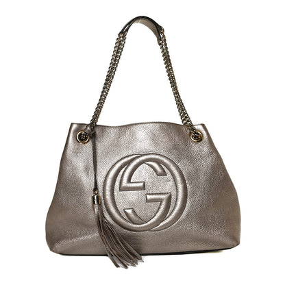 Gucci Metallic Pebbled Calfskin Medium Soho Chain Shoulder Bag Golden Beige 1 of 13