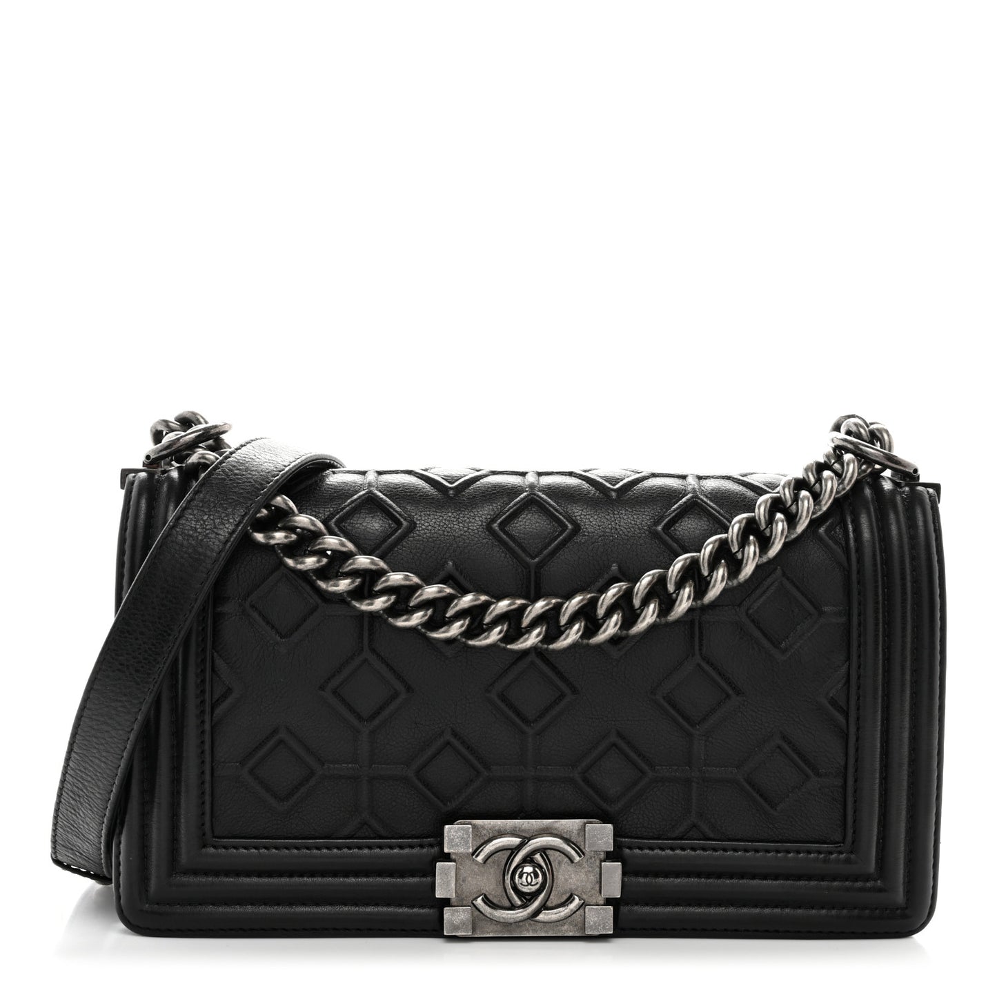 Calfskin Crystal Embossed Medium Boy Flap Black