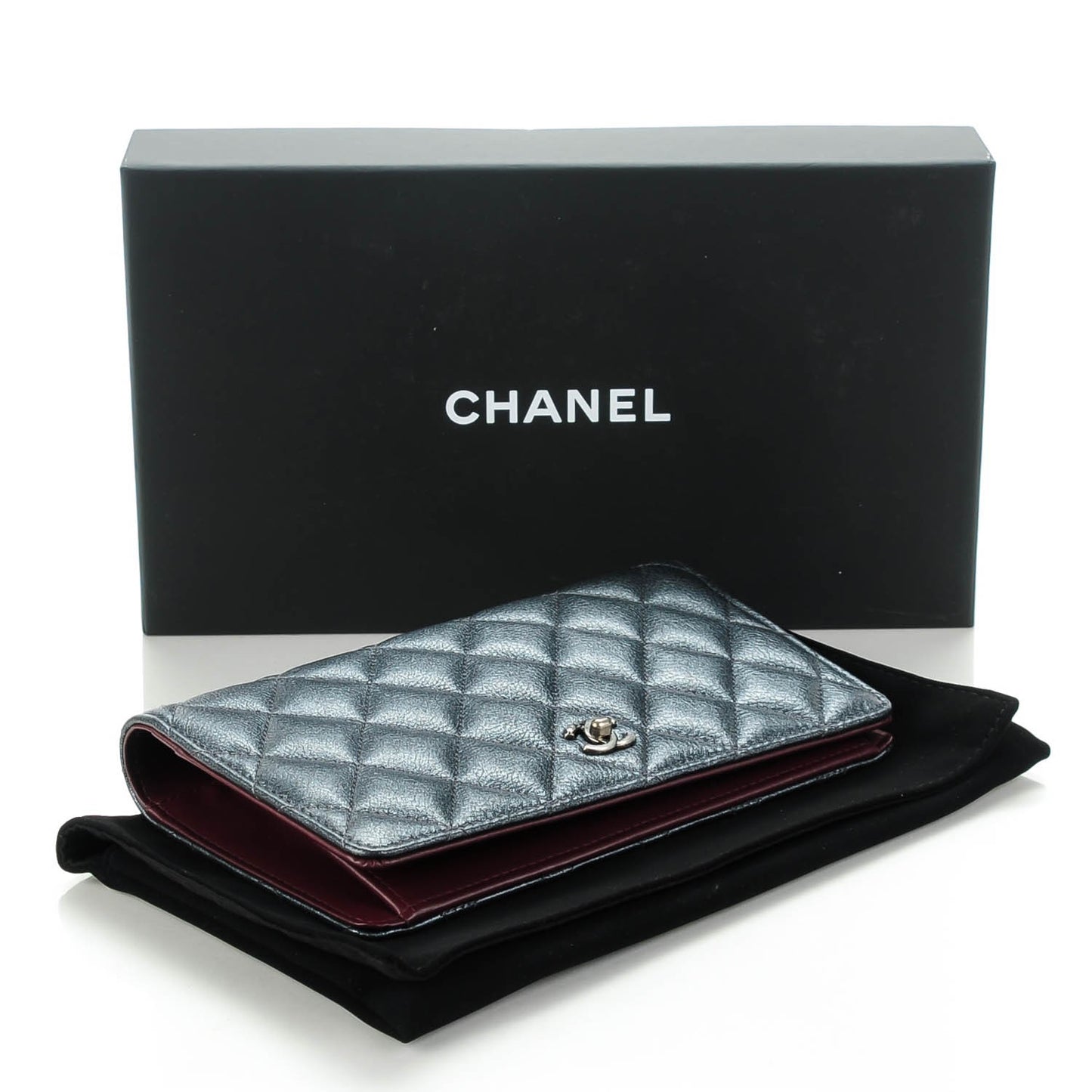 Metallic Calfskin Quilted Yen Wallet Charcoal