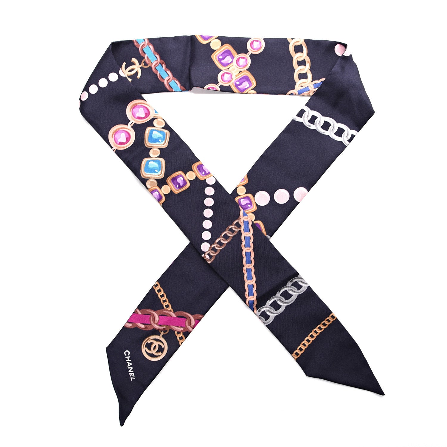 Chanel Silk Pearl CC Chain Slim Bandeau Scarf Navy Blue 1 of 4