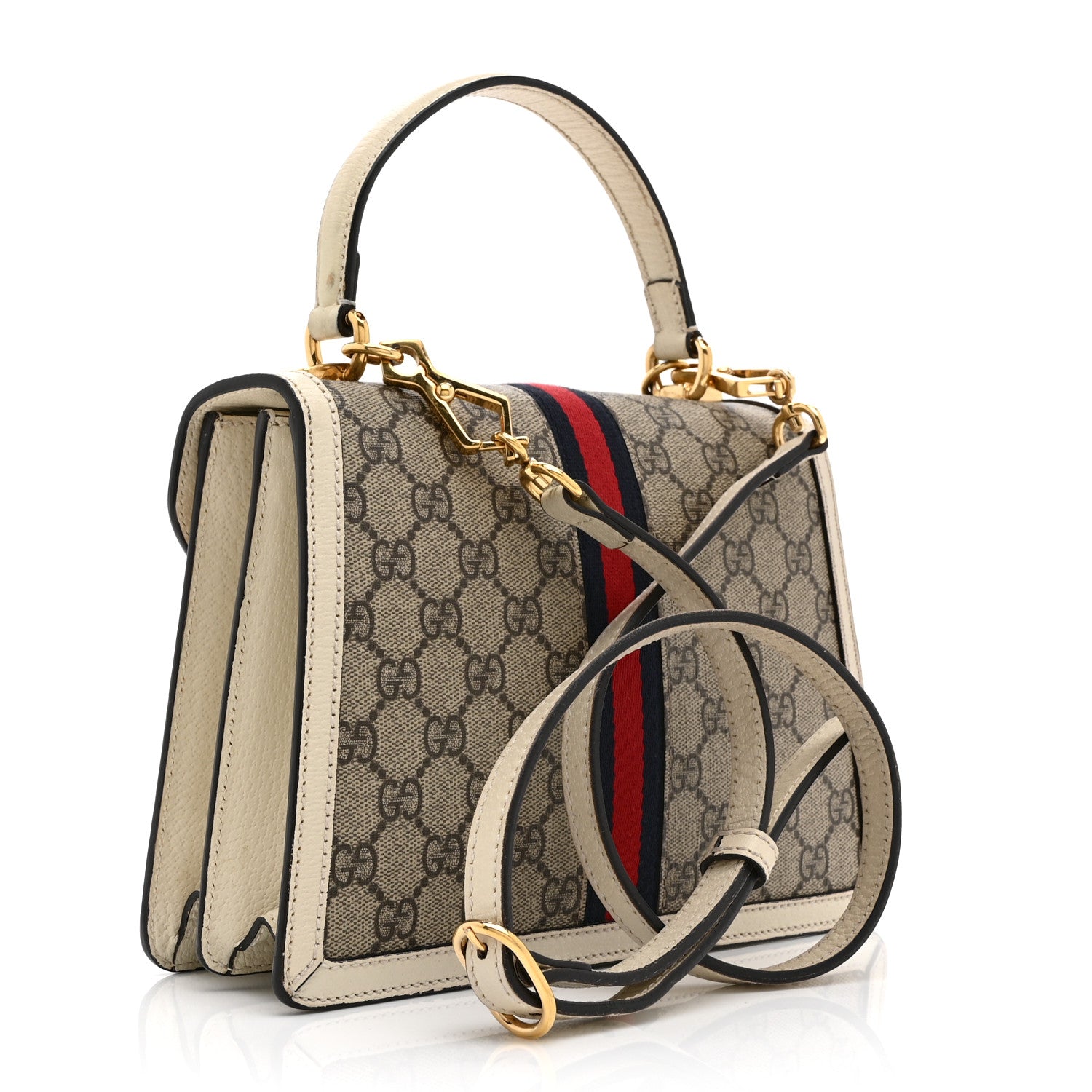 Gucci GG Supreme Monogram Textured Dollar Calfskin Web Small Ophidia Padlock Top Handle Bag Beige Ebony Mystic White 3 of 12