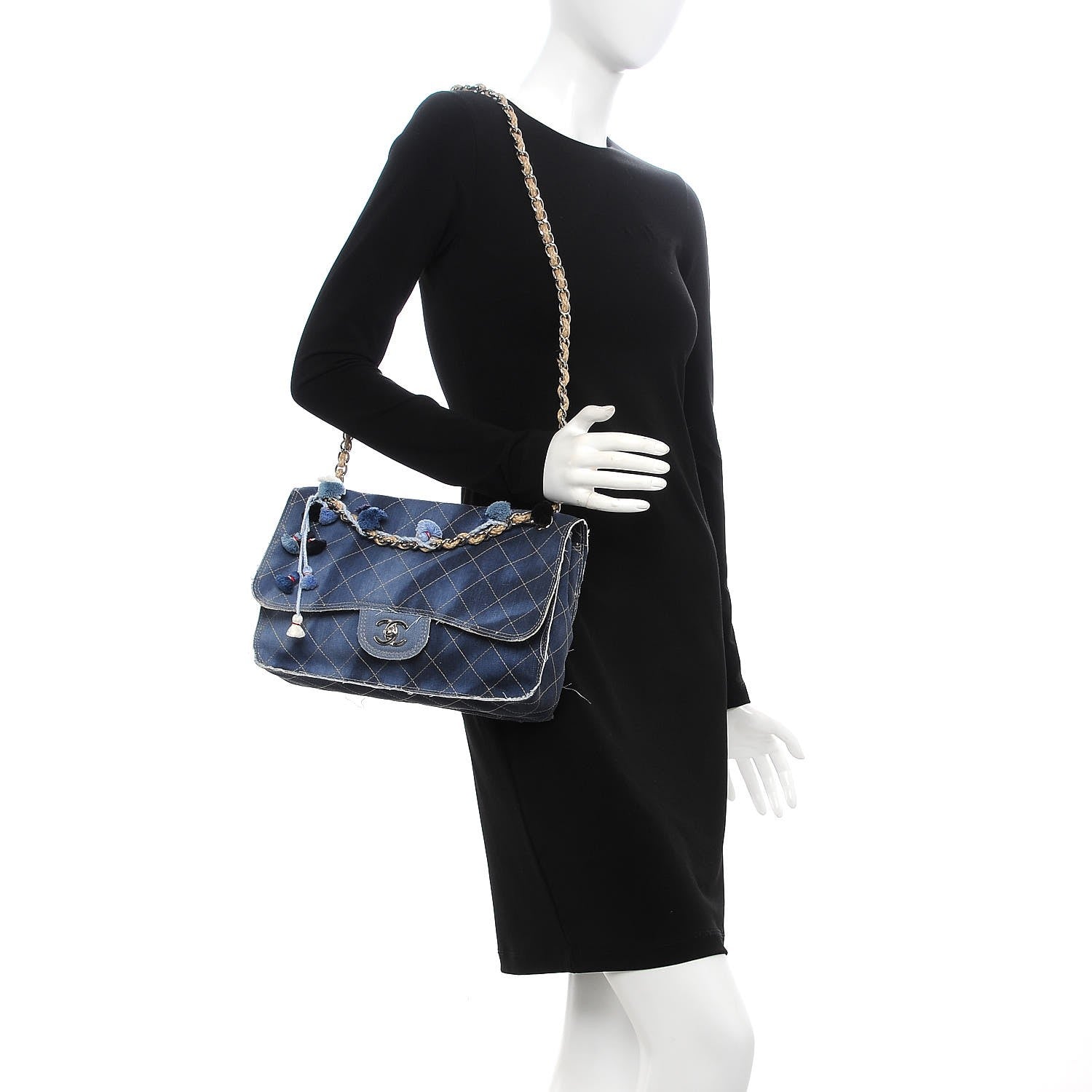 Chanel Denim Quilted Jumbo Pompom Flap Dark Blue 2 of 8