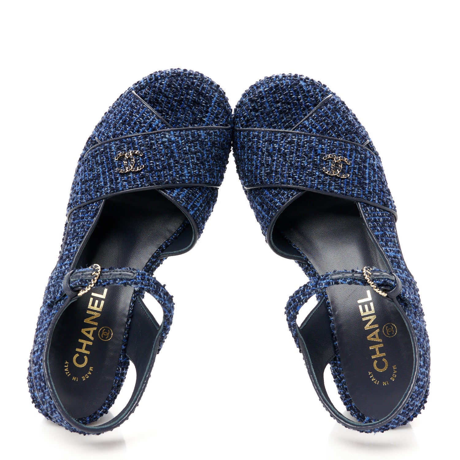 Chanel Silk Linen Tweed Quilted CC Platform Sandals 38.5 Navy Blue
