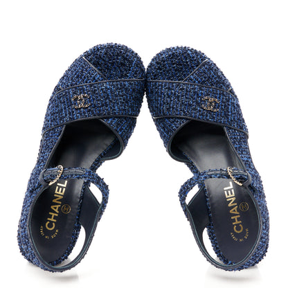 Chanel Silk Linen Tweed Quilted CC Platform Sandals 38.5 Navy Blue Gray 2 of 9