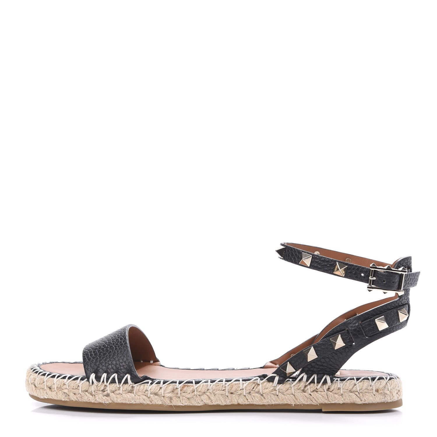 Valentino Garavani Grained Calfskin Rockstud Ankle Strap Espadrille Flat Sandals 39 Black 1 of 8