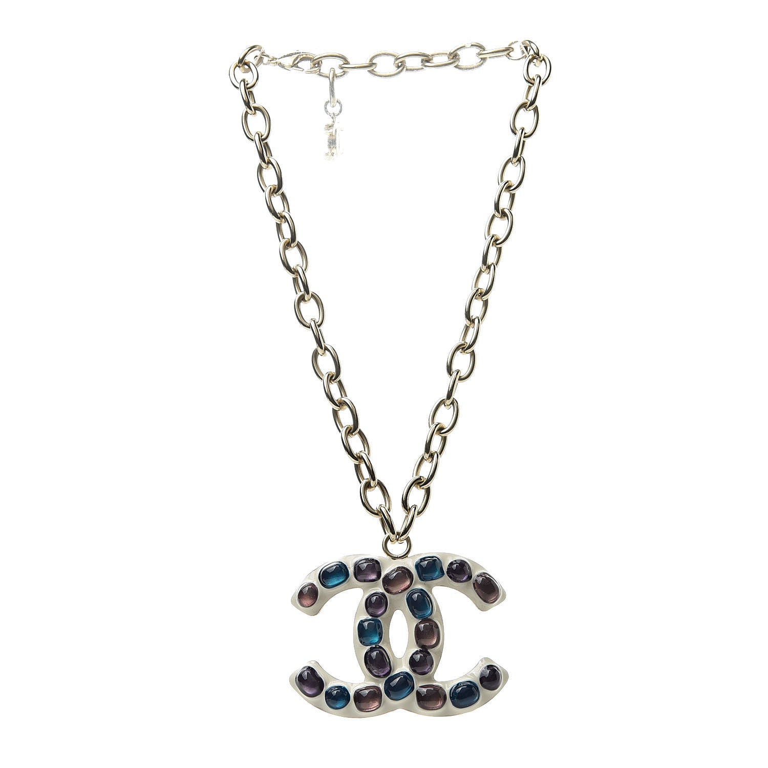 Chanel Poured Glass Large CC Pendant Necklace Gold Multicolor 3 of 6