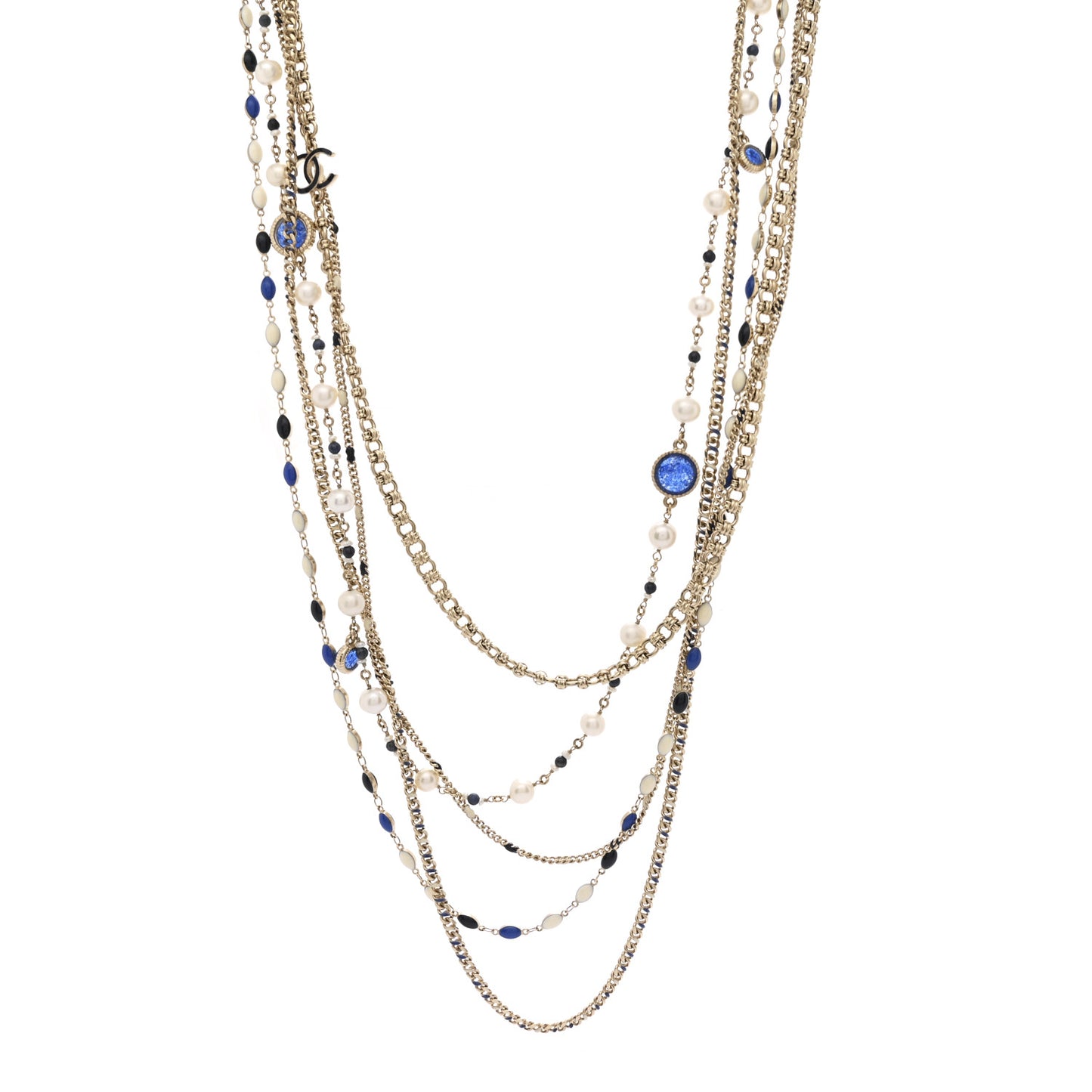 Pearl Resin Beaded CC Long Multi Strand Necklace Blue Gold Multicolor