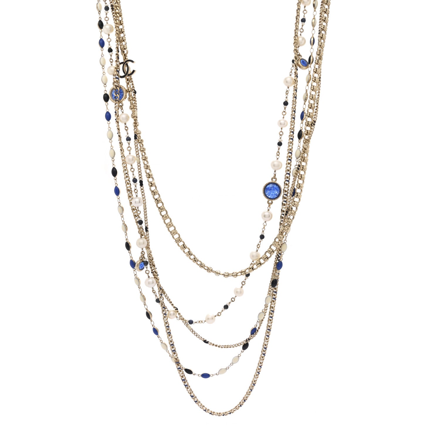 Chanel Pearl Resin Beaded CC Long Multi Strand Necklace Blue Gold Multicolor 1 of 7
