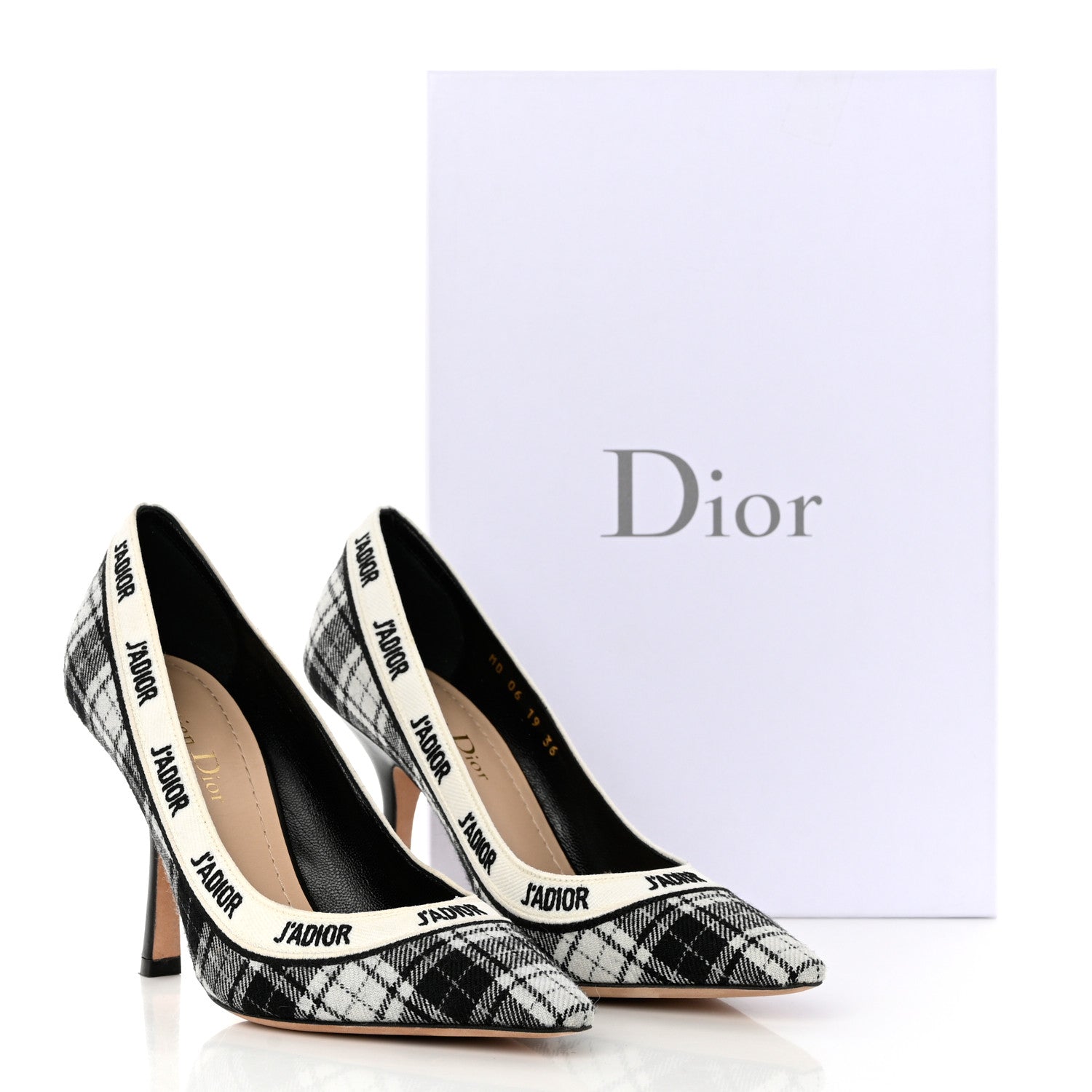 Christian Dior Canvas Ribbon Tartan Print Embroidered J'Adior 100mm Pumps 36 Black Off White 9 of 9