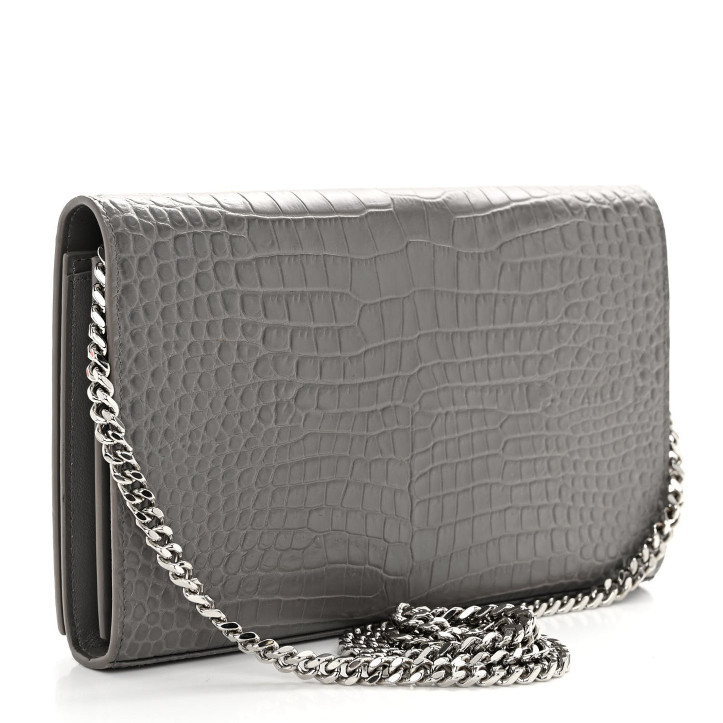 Calfskin Crocodile Embossed Monogram Chain Wallet Fog