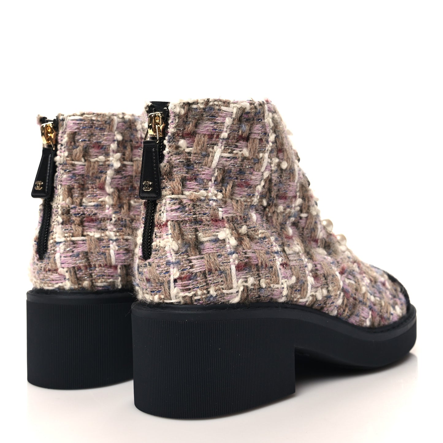 Tweed Calfskin Pearl Combat Short Boots 39 Beige Pink Black