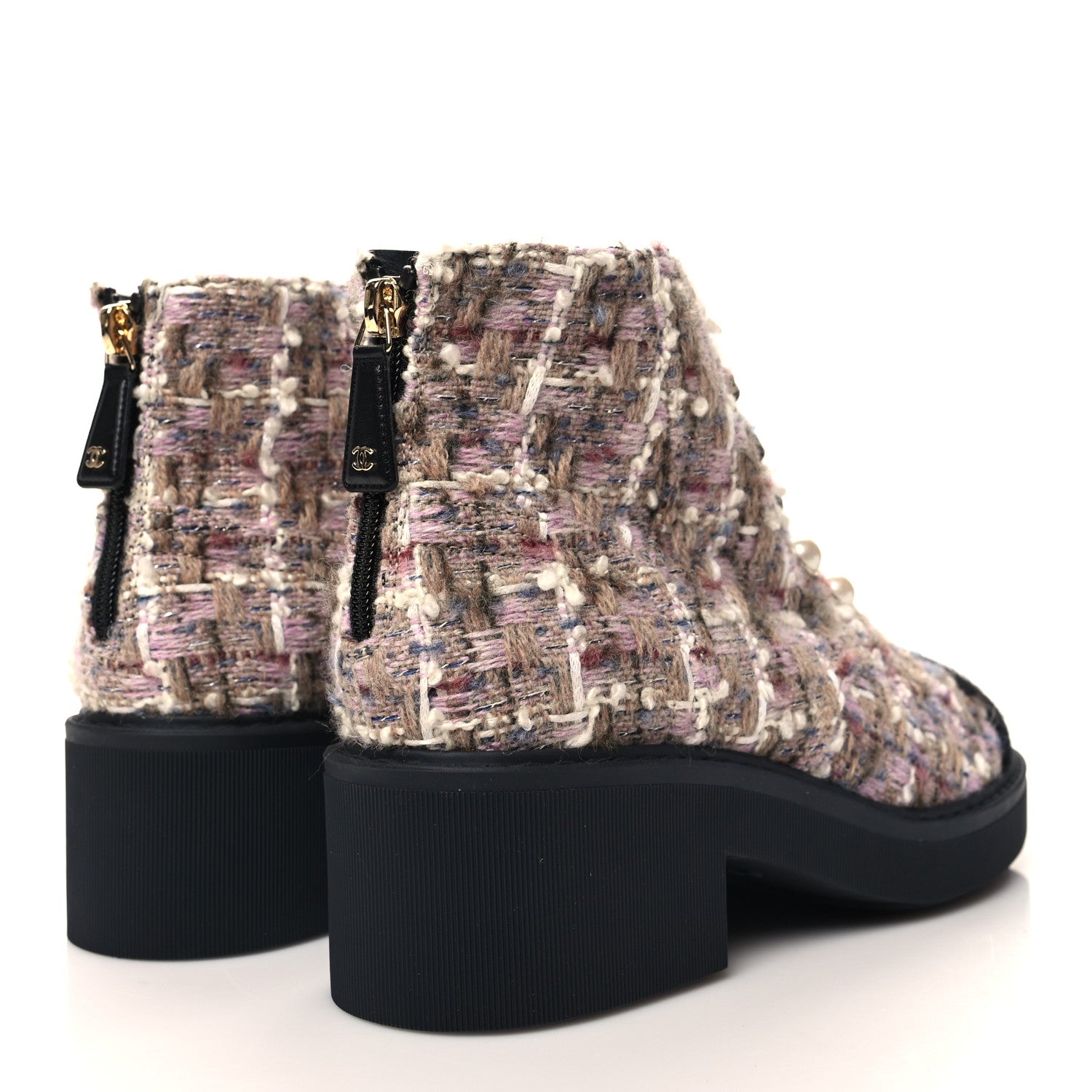Chanel Tweed Calfskin Pearl Combat Short Boots 39 Beige Pink Black 5 of 9