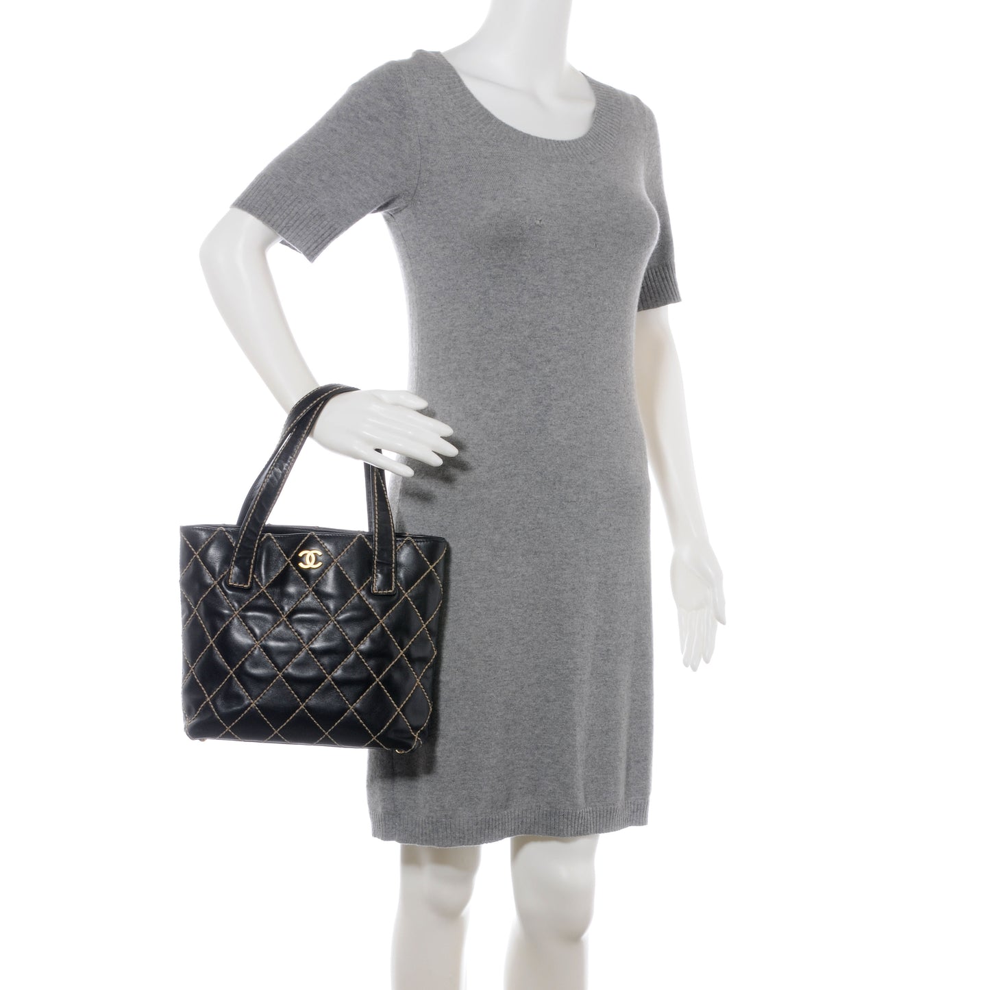 Calfskin Contrast Stitch Surpique Tote Black