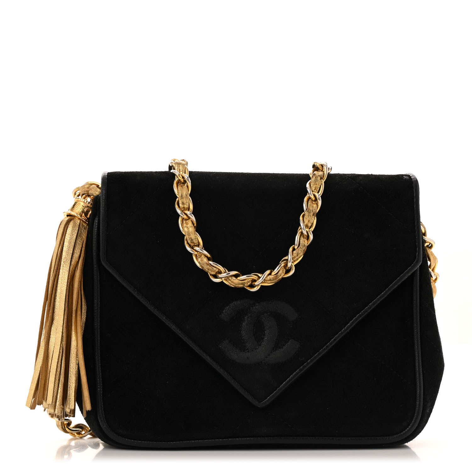 Chanel Suede Quilted CC Tassel Flap Crossbody Black Gold 1 of 15