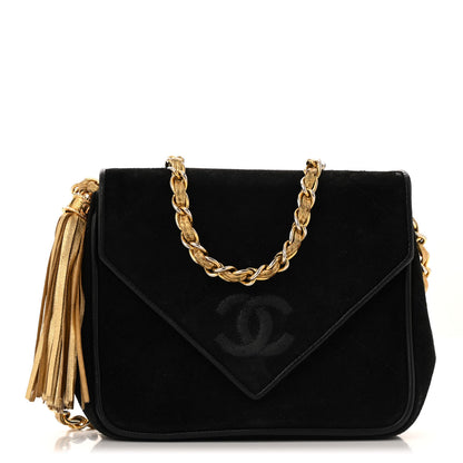 Chanel Suede Quilted CC Tassel Flap Crossbody Black Gold 1 of 15