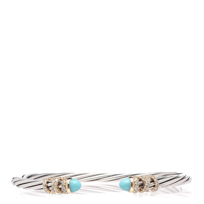 David Yurman Sterling Silver 18K Yellow Gold Diamond Turquoise Helena Cuff Bracelet 1 of 5