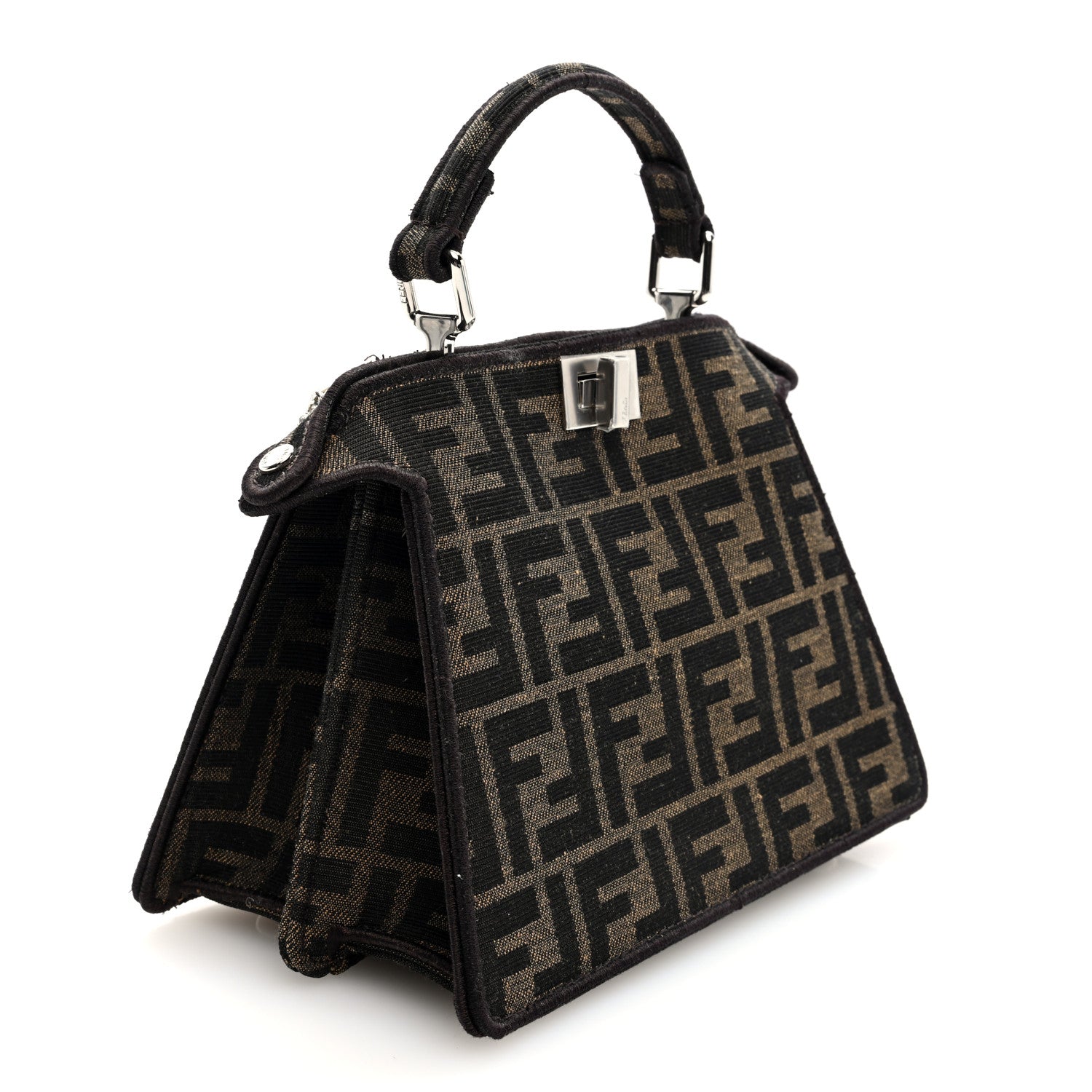 Fendi Fabric Jacquard Crystal Embellished FF 1974 Petite Peekaboo I SEE U Satchel Tobacco Moro 3 of 10