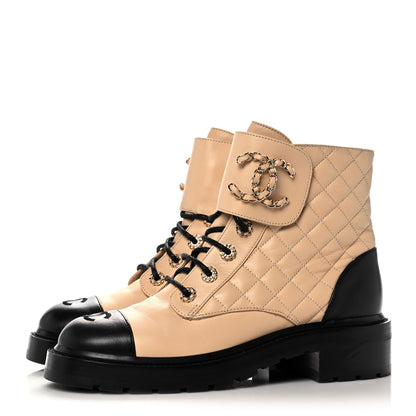 Chanel Shiny Lambskin Quilted Lace Up Combat Boots 39.5 Beige Black 3 of 9