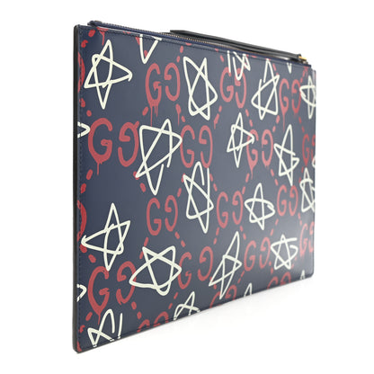Gucci Calfskin GucciGhost Print Pouch Blue Agata Hibiscus Red 3 of 8