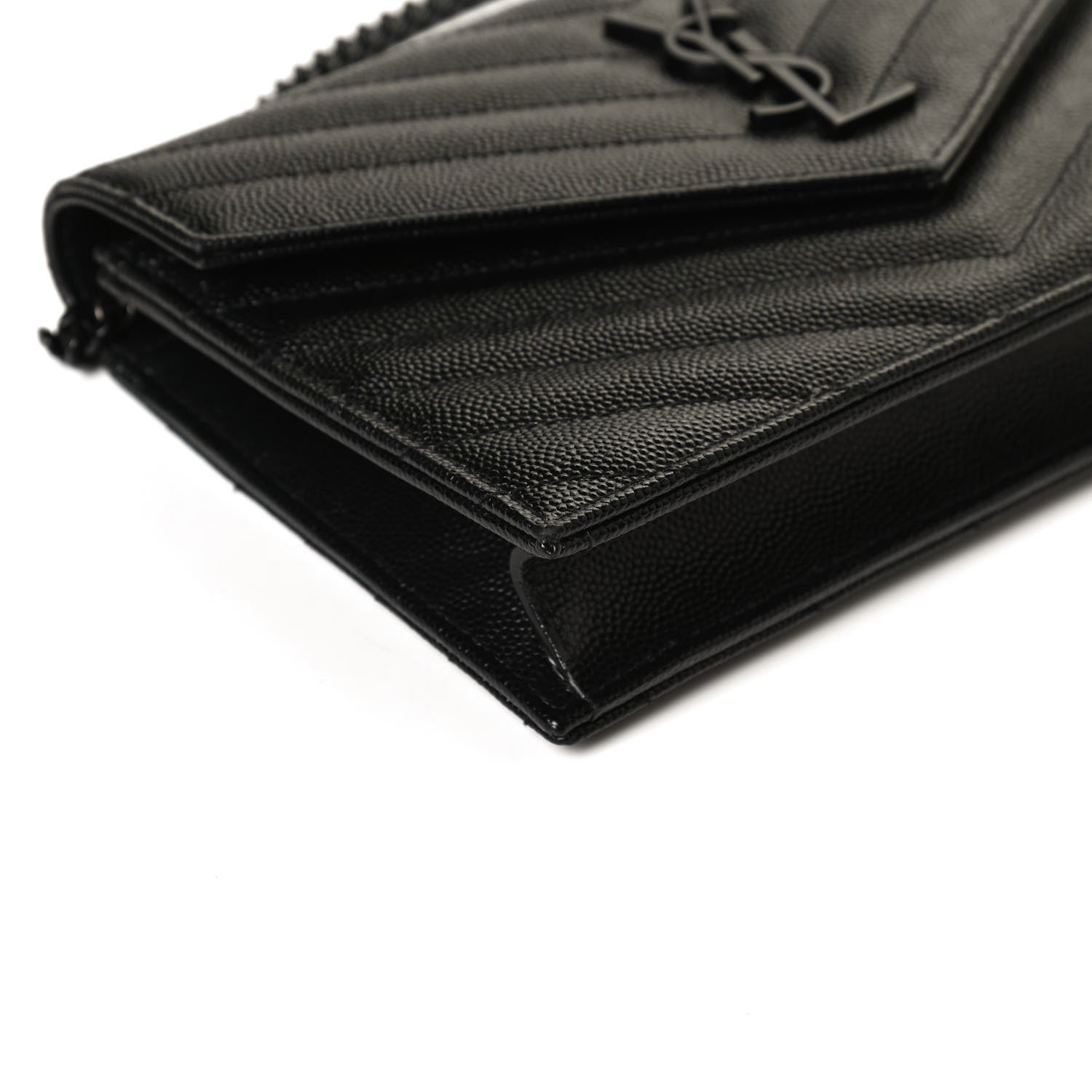 Saint Laurent Grain De Poudre Matelasse Chevron Monogram Monochrome Envelope Chain Wallet Black 10 of 11