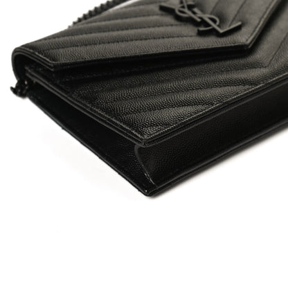 Saint Laurent Grain De Poudre Matelasse Chevron Monogram Monochrome Envelope Chain Wallet Black 10 of 11