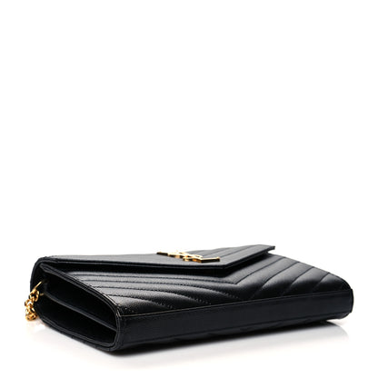 Saint Laurent Grain De Poudre Matelasse Chevron Monogram Chain Wallet Black 4 of 11