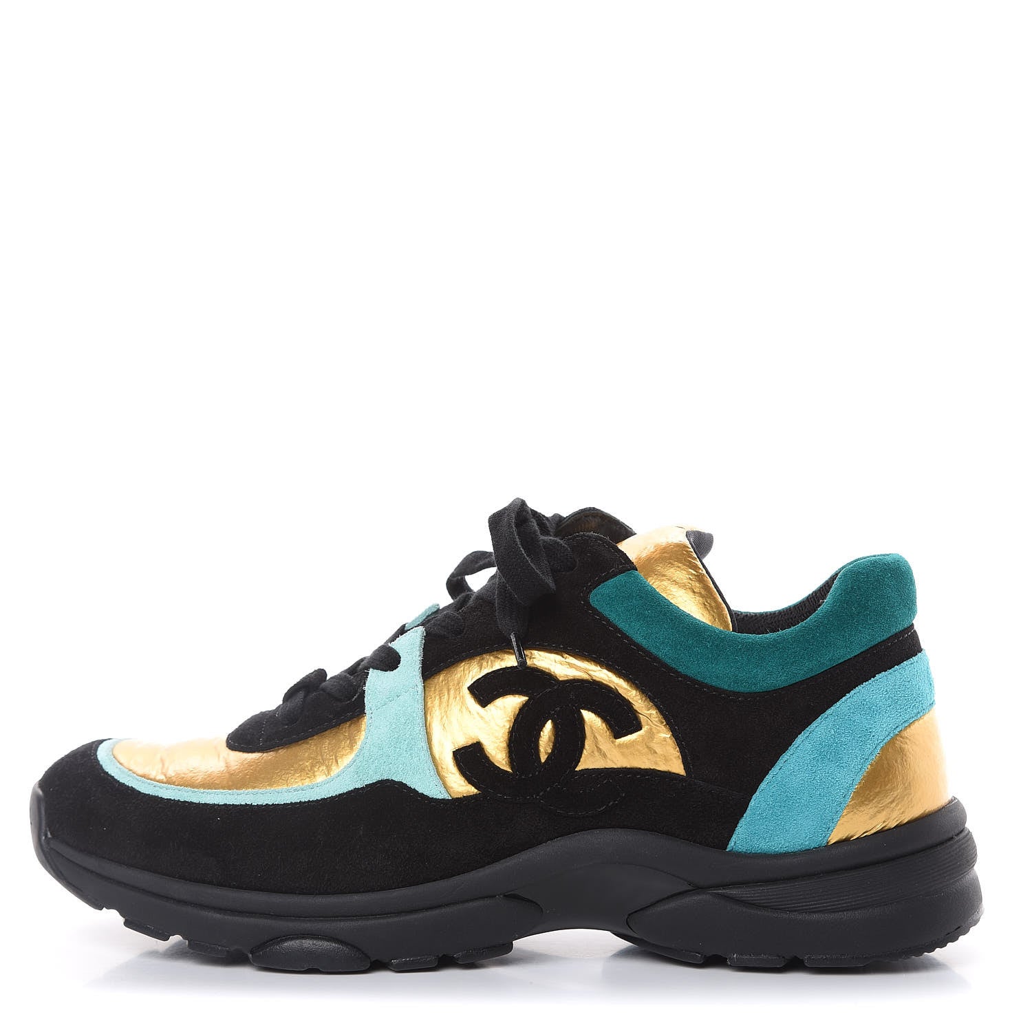 Chanel Fabric Calfskin Suede CC Womens Sneakers 38.5 Black Turquoise Gold 1 of 8