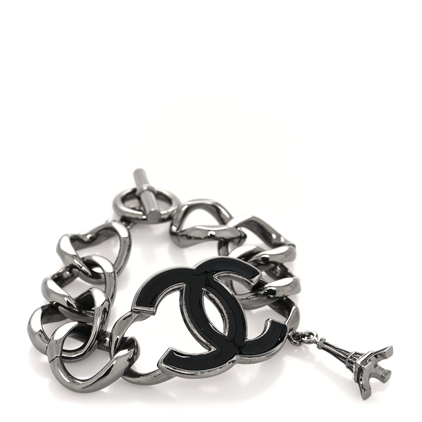Enamel CC Eiffel Tower Charm Bracelet Dark Silver