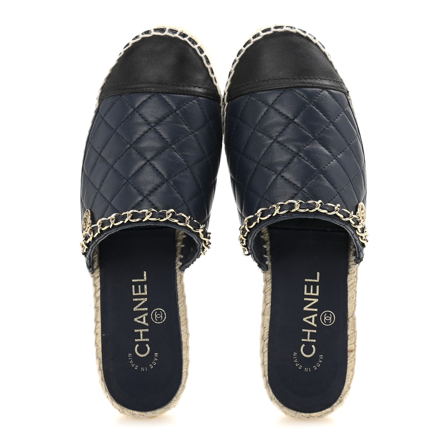 Lambskin Quilted CC Chain Espadrille Mules 38 Navy Black