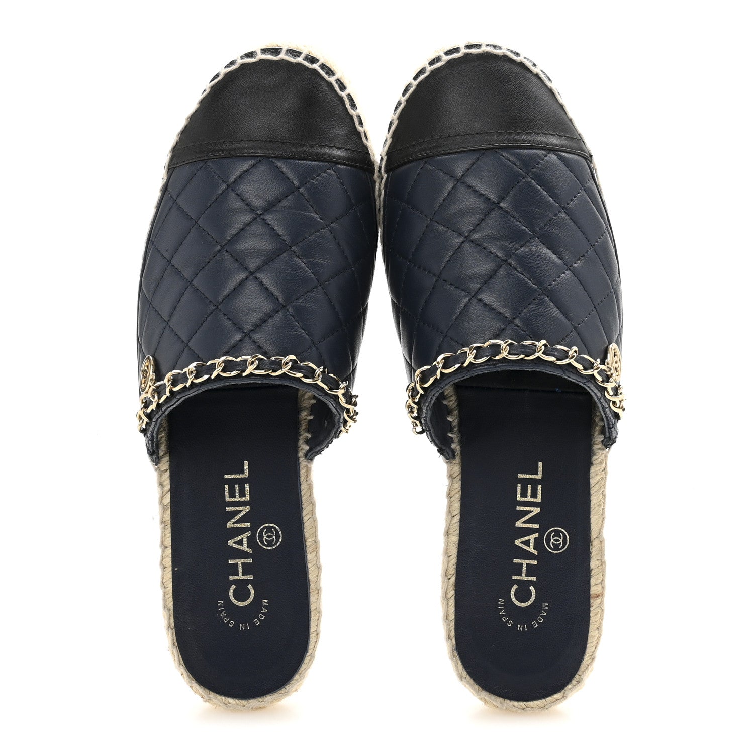 Chanel Lambskin Quilted CC Chain Espadrille Mules 38 Navy Black 2 of 12