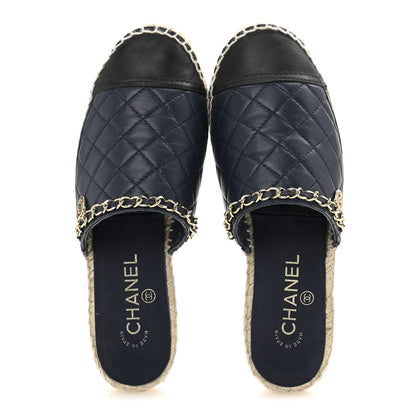 Chanel Lambskin Quilted CC Chain Espadrille Mules 38 Navy Black 2 of 12