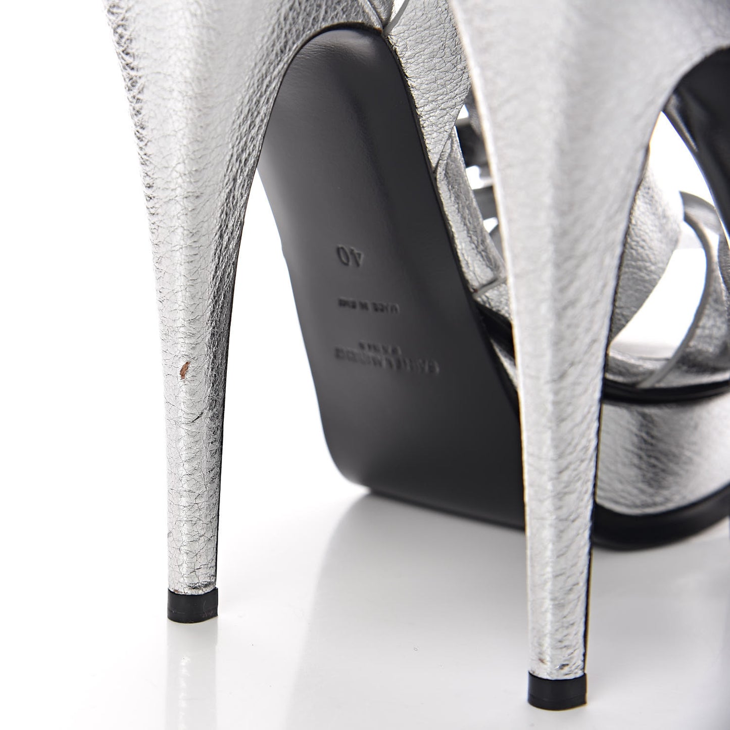 Metallic Crackled Calfskin Tribute 105 Platform Sandals 40 Argento