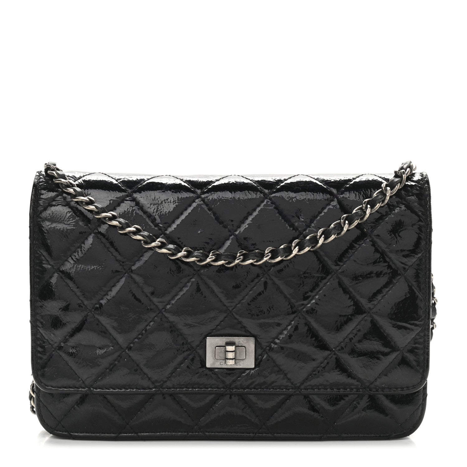 Chanel Distressed Patent Calfskin Quilted Reissue Wallet On Chain WOC Black 1 of 14
