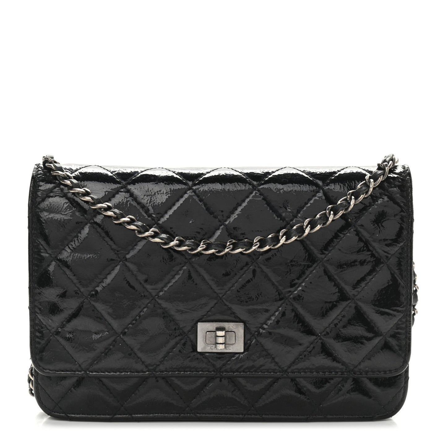 Distressed Patent Calfskin Quilted Reissue Wallet On Chain WOC Black