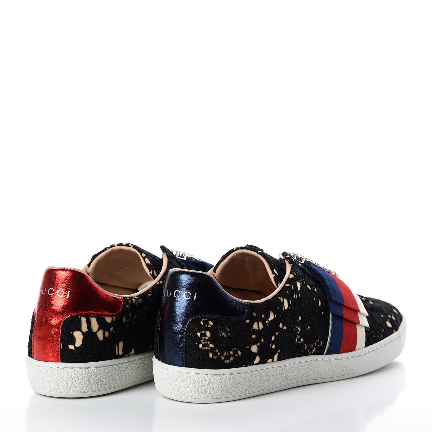 Lace Crystal Sylvie Web Flower Leaf Womens Ace Sneakers 37.5 Black Tan Beige