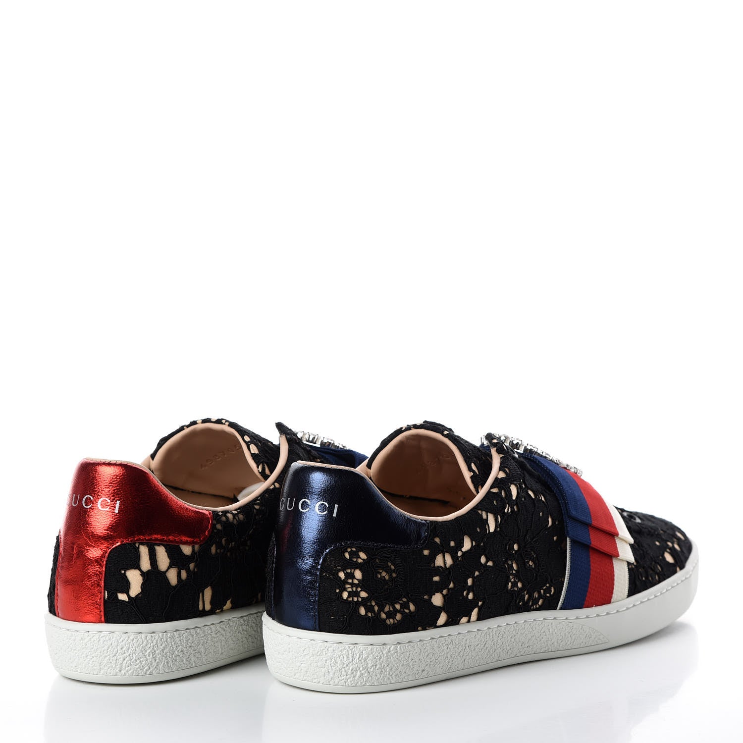 Gucci Lace Crystal Sylvie Web Flower Leaf Womens Ace Sneakers 37.5 Black Tan Beige 4 of 8