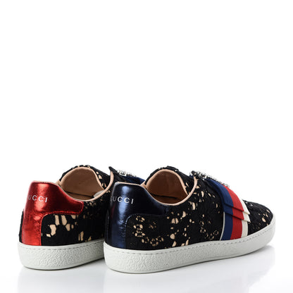 Gucci Lace Crystal Sylvie Web Flower Leaf Womens Ace Sneakers 37.5 Black Tan Beige 4 of 8