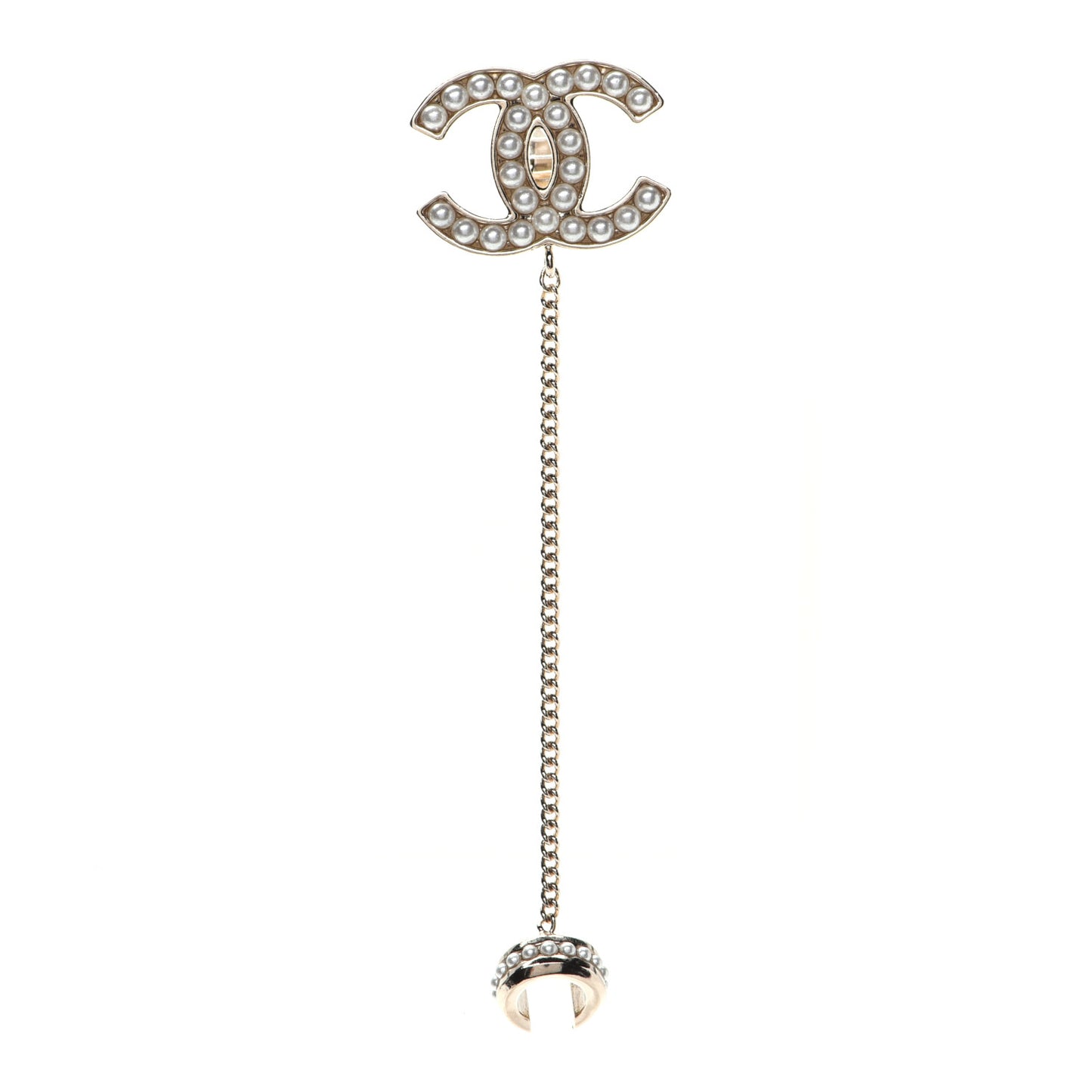 Crystal CC Chain Cuff Single Clip On Earring Gold Pearly White