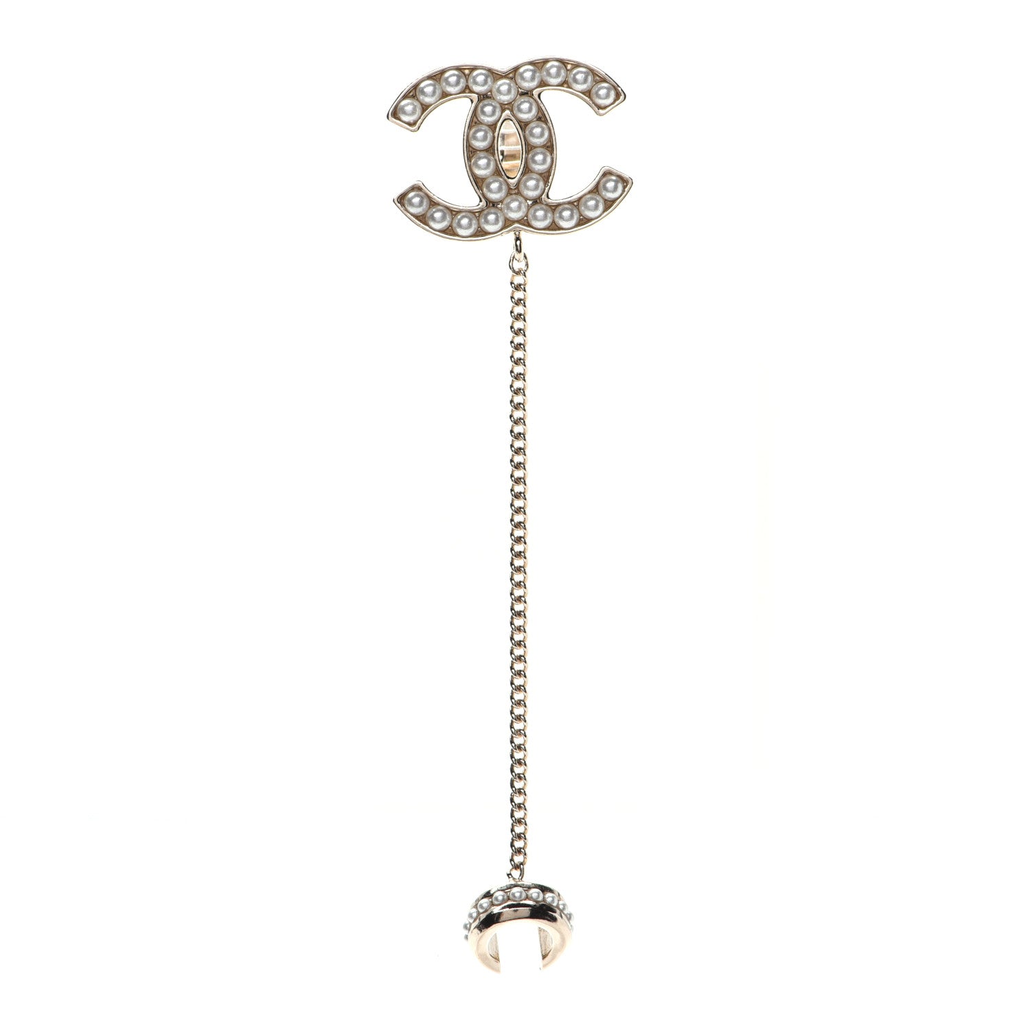 Chanel Crystal CC Chain Cuff Single Clip On Earring Gold Pearly White 1 of 7