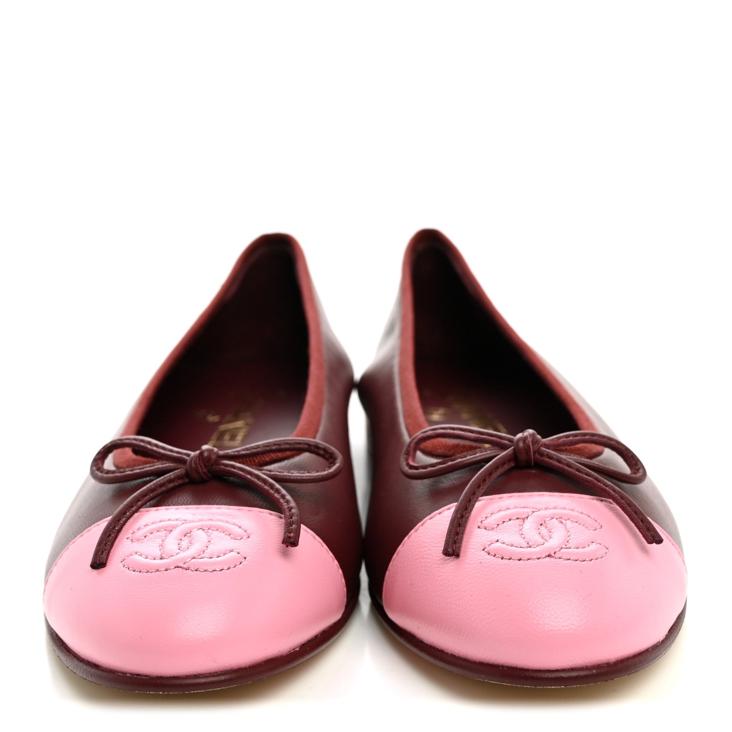 Chanel Lambskin Cap Toe CC Ballerina Flats 37.5 Burgundy Pink 2 of 10