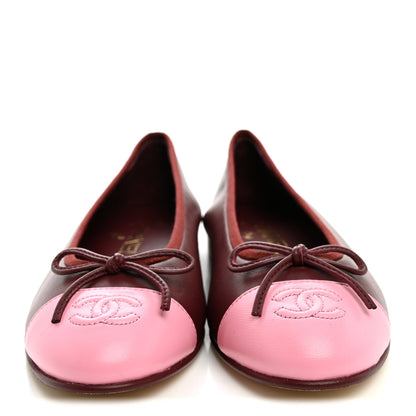 Chanel Lambskin Cap Toe CC Ballerina Flats 37.5 Burgundy Pink 2 of 10