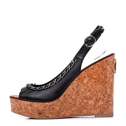 Chanel Lambskin Cork Chain CC Wedge Sandals 40 Black 1 of 6