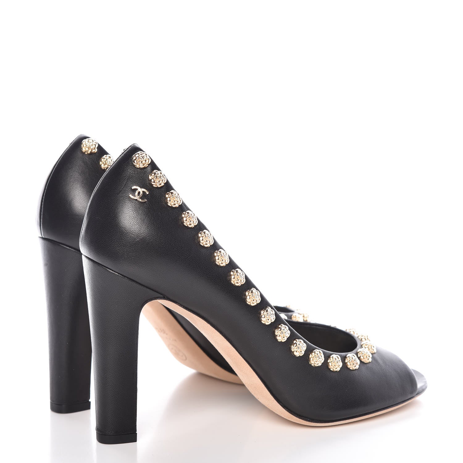 Chanel Lambskin Camellia Peep Toe Pumps 39.5 Black 4 of 9