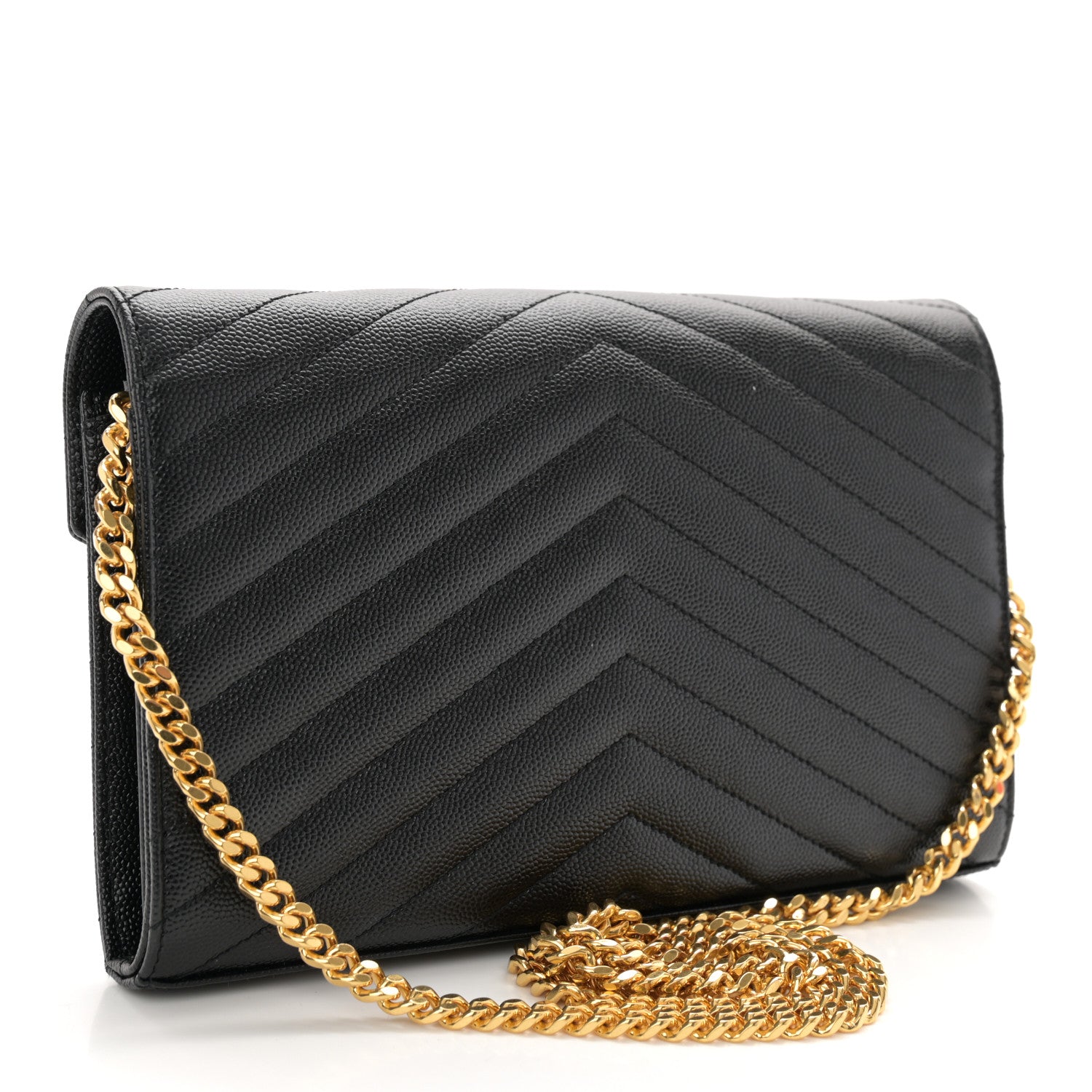 Saint Laurent Grain De Poudre Matelasse Chevron Monogram Chain Wallet Black 3 of 11