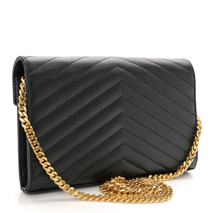 Saint Laurent Grain De Poudre Matelasse Chevron Monogram Chain Wallet Black 3 of 11